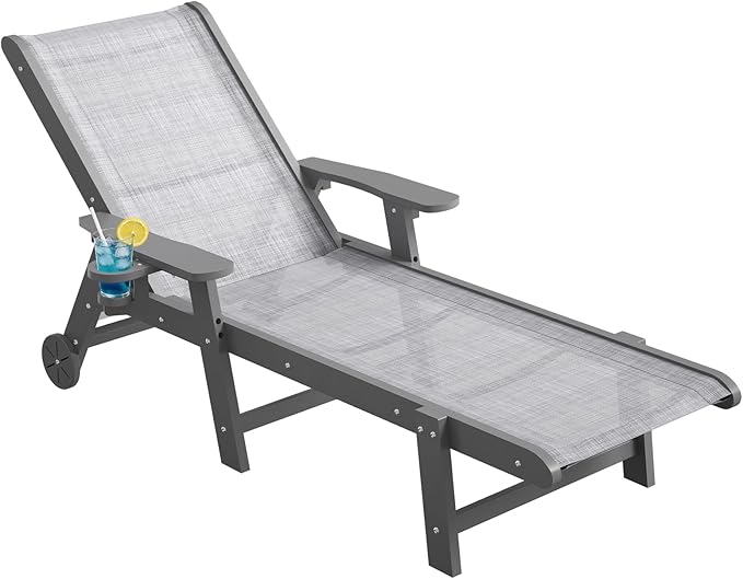 Outdoor Chaise Lounge Chair with Textilene Surface, 5-Position Adjustable Pool Lounge Chair with Wheels & Cup Holder - Photo 1