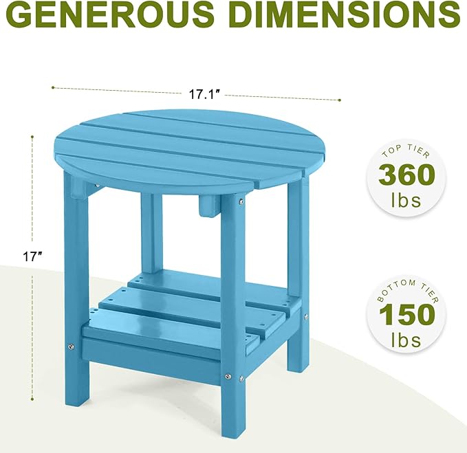 Adirondack Outdoor Side Tables, 2-Tier Round Outdoor Table, Weather Resistant HDPE Patio End Table for Garden, Lawn, Pool, Beach, Porch, Deck, Backyard - Turquoise