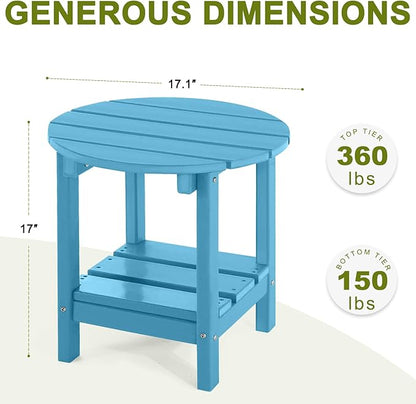 Adirondack Outdoor Side Tables, 2-Tier Round Outdoor Table, Weather Resistant HDPE Patio End Table for Garden, Lawn, Pool, Beach, Porch, Deck, Backyard - Turquoise