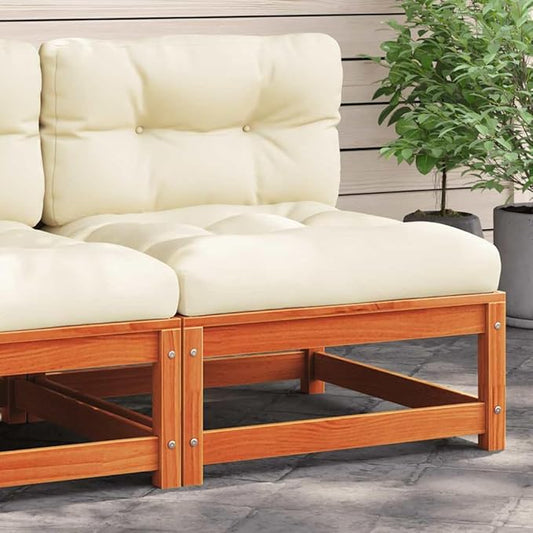 Solid Pine Wood Armless Garden Sofa Modular Outdoor Furniture with Weather-Resistant Cushions for Patio Terrace Balcony Rustic Brown Cream
