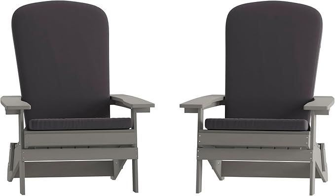 Flash Furniture Charlestown Folding Adirondack Chairs Poly Resin Frame-All-Weather Cushions-Indoor/Outdoor Use, Set of 2, Gray