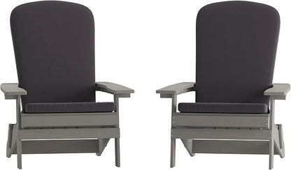 Flash Furniture Charlestown Folding Adirondack Chairs Poly Resin Frame-All-Weather Cushions-Indoor/Outdoor Use, Set of 2, Gray