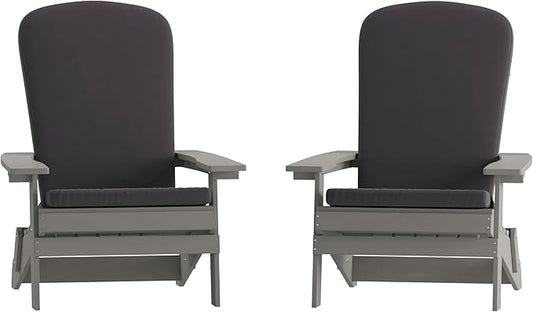 Flash Furniture Charlestown Folding Adirondack Chairs Poly Resin Frame-All-Weather Cushions-Indoor/Outdoor Use, Set of 2, Gray