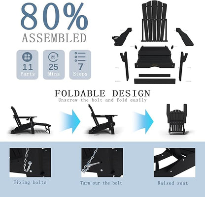 Adjustable Adirondack Chairs with Retractable Ottoman Set of 4, HDEP Folding Adirondack Chair with Footrest & Cup Holder, All Weather Fire Pit Chair for Outdoor,Black