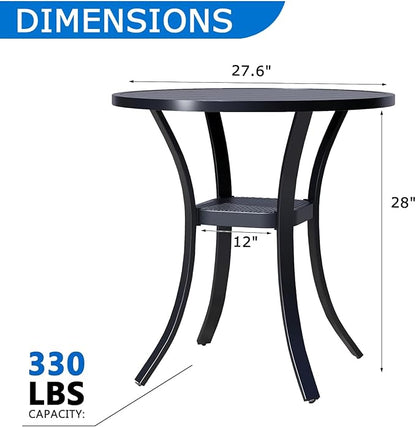27.5'' Outdoor Patio Table with Storage Shelf, Heavy Duty 400lbs Capacity Round Metal Garden Table, All-Weather Black Tabletop for Deck, Balcony, Bistro, 2-4 Person