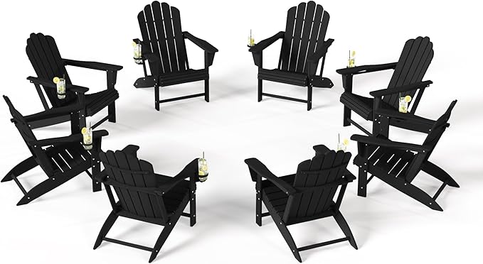 Costaelm Lakeview Outdoor Patio HDPE Adirondack Chairs with Cup Holders (Set of 8), Black