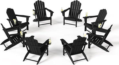 Costaelm Lakeview Outdoor Patio HDPE Adirondack Chairs with Cup Holders (Set of 8), Black