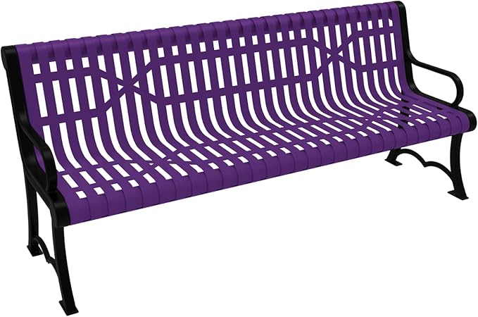 COATEDOUTDOORFURNITURE Heavy-Duty Outdoor Bench Thermoplastic Coated, Slated Steel, Commercial-Grade Garden Bench, Made in America (Portable with Back, 6 Ft, Textured Purple)