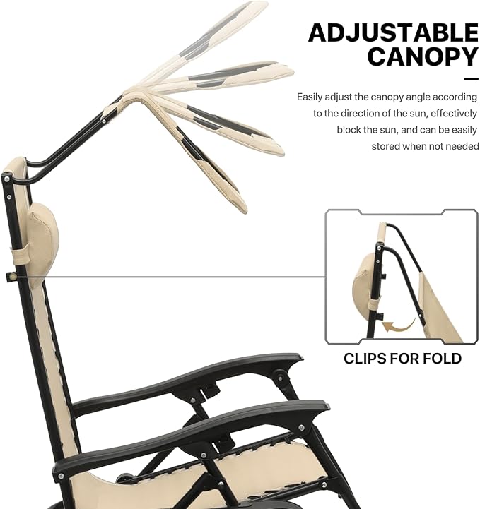 MoNiBloom Zero Gravity Chair Set of 2 with Canopy Shade, Patio Folding Anti Gravity Recliner, Foldable Outdoor Lounger with Cup Holder Tray for Beach Camping, Cream