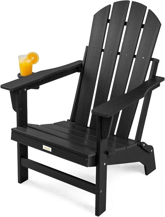 Folding Adirondack Chair, All Weather Stable Gun-Leg Design Fire Pit Chairs with Cupholder for Outside