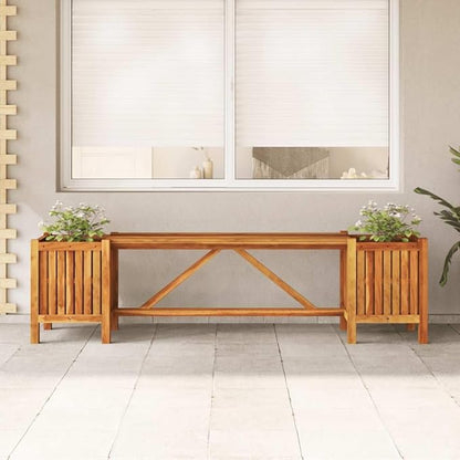 Solid Acacia Wood Garden Bench with Integrated Planters, Weather Resistant Outdoor Seating for Patio Balcony, Rustic Charm Design