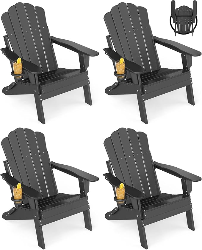 GREENVINES Oversized-Folding-Adirondack-Chairs-Set-of-4 | HDPE Plastic | Cup Holder | Fire Pit Chair | All Weather | for Outdoor Deck Backyard | Black