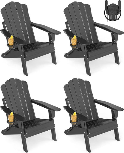 GREENVINES Oversized-Folding-Adirondack-Chairs-Set-of-4 | HDPE Plastic | Cup Holder | Fire Pit Chair | All Weather | for Outdoor Deck Backyard | Black