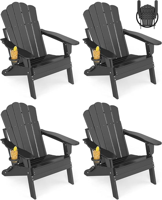 GREENVINES Oversized-Folding-Adirondack-Chairs-Set-of-4 | HDPE Plastic | Cup Holder | Fire Pit Chair | All Weather | for Outdoor Deck Backyard | Black