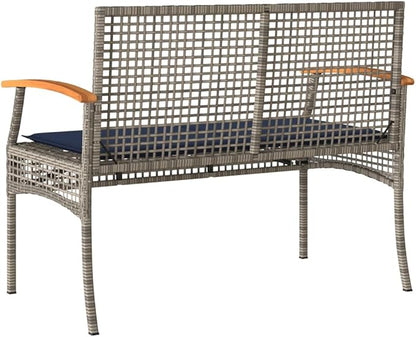 2 Seat Outdoor Garden Bench 22.4 x 42.5 x 33.5 in Grey Patio Seating with Removable Cushion, Weather-Resistant Poly Rattan for Porch Backyard Balcony