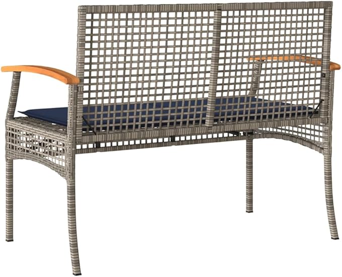 Garden Bench with Removable Cushion in Grey, Brown, Navy Blue - 4 Pieces Modern Outdoor Seating, Durable Poly Rattan and Steel Construction, Weather-Resistant for Patio