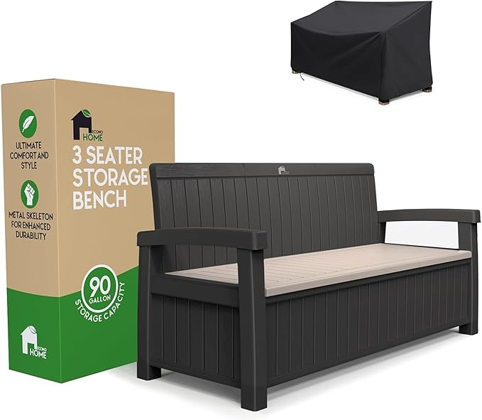 EconoHome 3 Seat Outdoor Storage Bench with Rain Cover - 90 Gallon Capacity - Weatherproof Resin Bench for Patio, Porch - Photo 1