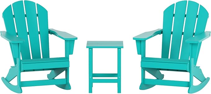 WO WESTIN OUTDOOR HDPE Laguna Outdoor Rocking Poly Adirondack Chair with Side Table 3-Piece Set, Turquoise