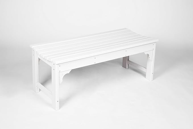Backless HDPE Adirondack Bench with Wood Texture, Poly Lumber Seat for Patio, Backyard, Balcony, All Weather Resistant with UV Protection (White)