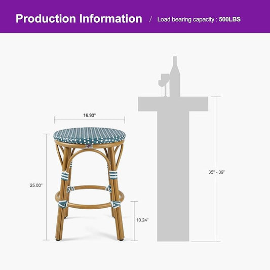 PURPLE LEAF Patio French Round Counter Stool 26" Set of 2 Large Seat Backless Handwoven Wicker Rattan Barstools Bamboo Finish Aluminum Frame for Indoor Outdoor Bistro Cafe Soft Blue