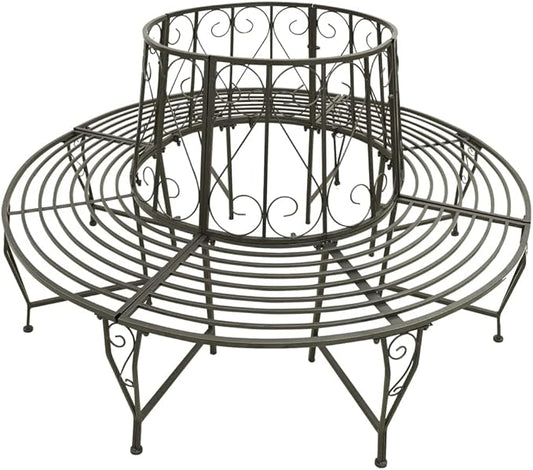 63 Inch Round Tree Bench for Garden, Weathered Silver Grey Steel Outdoor Seating for 6, Wraparound Patio Bench for Backyard Tree Enclosure