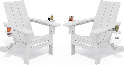 SERWALL Modern Folding Adirondack Chair Set of 2, All Weather Resistant Outdoor Adirondack Chair with Cup Holders, HDPE Adirondack Chair for Patio Lawn Garden, White