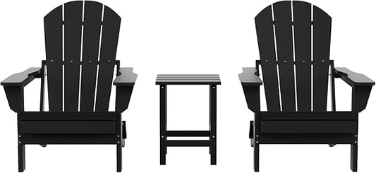 Costaelm 3 piece Patio Set, Outdoor Modern Adirondack Table and Chairs, All Weather Balcony Furniture Set Lounge Firepit Chairs for Outside Deck Garden Lawn Pool, Black