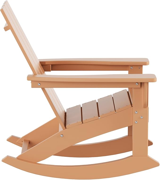WestinTrends Ashore Patio Rocking Chairs Set of 4, All Weather Poly Lumber Plank Adirondack Rocker Chair, Modern Farmhouse Outdoor Rocking Chairs for Porch Garden Backyard and Indoor, Teak