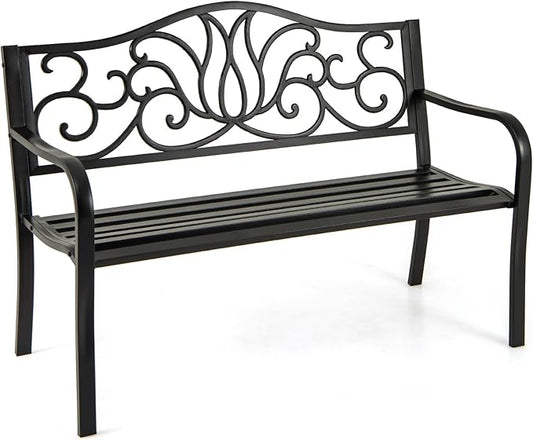 Giantex 50 Inches Outdoor Bench with Floral Pattern, Ergonomic Backrest & Slatted Surface, Metal Frame, 660lbs Capacity, 2-3 People Loveseat, Patio Bench for Park, Garden, Yard, Porch, Outside, Black