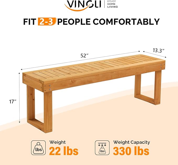 VINGLI 50'' Outdoor Wooden Bench, Weatherproof Outdoor Backless Bench, 2-Person Wood Patio Bench for Backyard, Poolside, Entryway