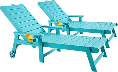 ONBRILL Patio Chaise Lounge Set of 2, Outdoor Lounge Chairs with 5-Level Adjustable Backrest, CupHolder, No Fade, No Break, 350lbs Capacity, HDPS Material, Blue