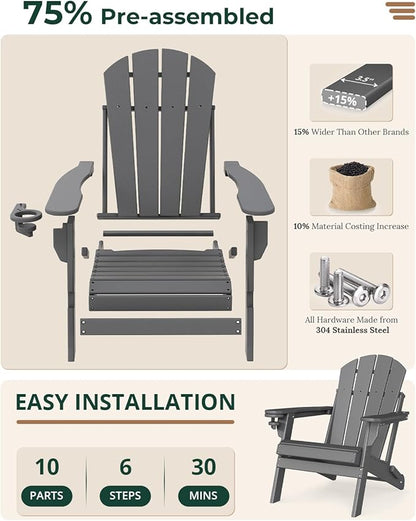 BRIOPAWS Folding-Adirondack-Chairs Set of 2 | HDPE | Fire Pit Chair | Cup Holder | Weather Resistance | Grey | for Outdoor Backyard Deck Patio