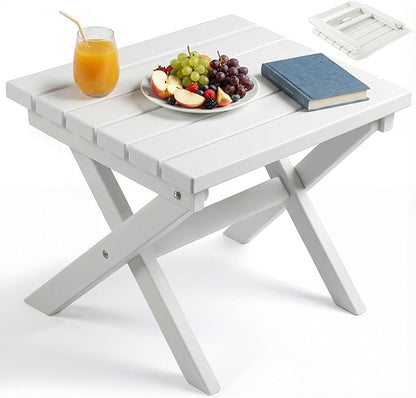 PASAMIC Folding Outdoor Side Table, Small Outdoor Table, Portable, No Assembly, Weather-Resistant HDPE End Table for Camping, RV, Poolside, Garden (White)