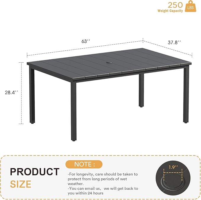 VICLLAX 63" Rectangle Outdoor Dining Table for 6, Patio Table with Umbrella Hole, All Weather Metal Patio Tables - Photo 7