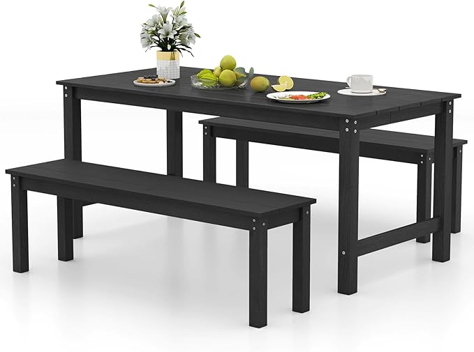 Tangkula 3 Pieces Outdoor HDPE Dining Table Set with 2 Benches, Weather Resistant Patio Furniture Set with 1.77” Umbrella Hole and Wood-Like Surface for Garden, Backyard and Poolside (Black, 3 Pcs)