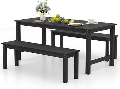 Tangkula 3 Pieces Outdoor HDPE Dining Table Set with 2 Benches, Weather Resistant Patio Furniture Set with 1.77” Umbrella Hole and Wood-Like Surface for Garden, Backyard and Poolside (Black, 3 Pcs)