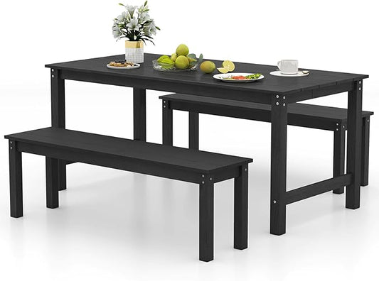 Tangkula 3 Pieces Outdoor HDPE Dining Table Set with 2 Benches, Weather Resistant Patio Furniture Set with 1.77” Umbrella Hole and Wood-Like Surface for Garden, Backyard and Poolside (Black, 3 Pcs)