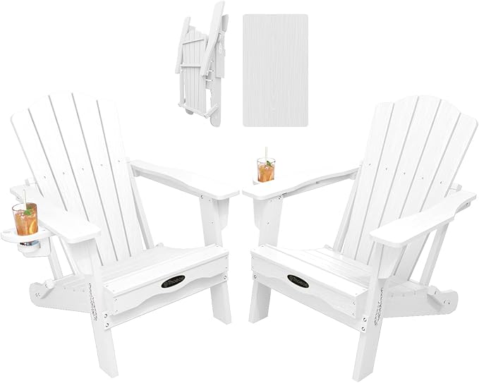 Folding Adirondack Chair Set of 2,HDPE All-Weather Outdoor Chair with Cup Holder,Wooden Textured,Fire Pit Chair,Plastic Patio Chair for Deck,Backyard,Garden,Lawn(White)