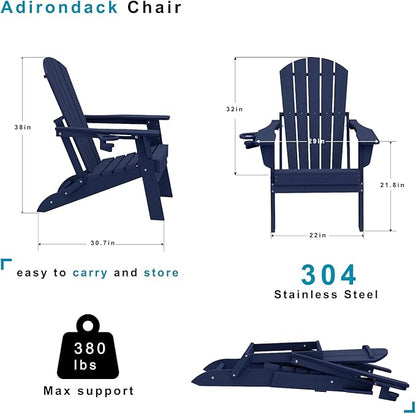 Folding Adirondack Chair，Wooden Textured Fire Pit Chair with Cup Holder, Heavy All-Weather HDPE Plastic Outdoor Patio Chairs for Poolside Backyard Patio Outdoor Garden