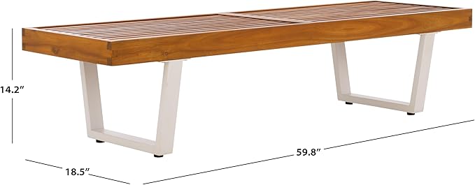 SAFAVIEH Outdoor Patio Furniture Heather Natural Brown Solid Wood & White Legs 60-inch Steel Bench