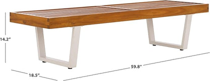 SAFAVIEH Outdoor Patio Furniture Heather Natural Brown Solid Wood & White Legs 60-inch Steel Bench