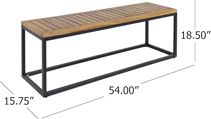 Merax 57 Inch Outdoor Garden Bench, Iron Metal Frame Patio Park Bench with Teak Finish & Slat Seat, Outside Backless Wooden Bench for Front Porch Path Yard Lawn Backyard for 3 Person Seat