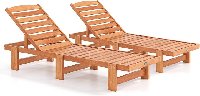 Tangkula Lounge Chair Outdoor, Solid Wood Patio Chaise Lounge with 5-Level Adjustable Backrest, Wooden Slatted Beach Pool Sunbathing Recliner for Outside Backyard, 500 LBS Max Load (2,Natural)