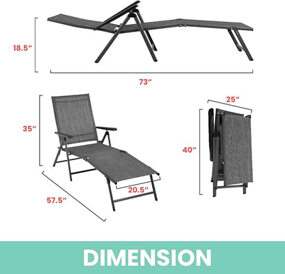 Patio Lounge Chair Chaise Lounges Patio Folding Lounge Chairs for Outside Patio Pool Beach Yard with Adjustable Reclining Lounge Chairs Set of 2 - Gery