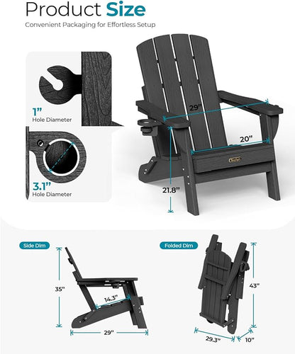 Folding Adirondack Chair 6 Pack, HDPE All-Weather Fire Pit Chairs, Plastic Adirondack Chairs with 2 Cup Holder, Outdoor Lawn Chair for Patio Garden (Black)