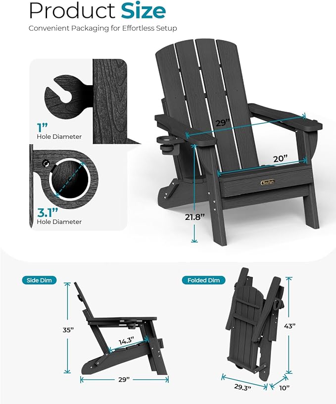 Folding Adirondack Chair 2 Pack, HDPE All-Weather Fire Pit Chairs, Plastic Adirondack Chairs with 2 Cup Holder - Photo 4