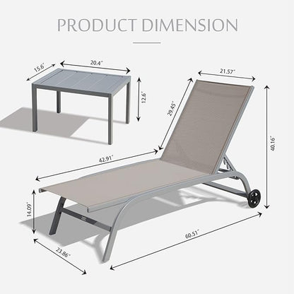 Domi Chaise Lounge Outdoor Set of 3, Lounge Chairs for Outside with Wheels, Outdoor Lounge Chaise with 5 Adjustable Position, Pool Lounge Chairs for Patio, Beach, Yard, Deck, Poolside, Khaki