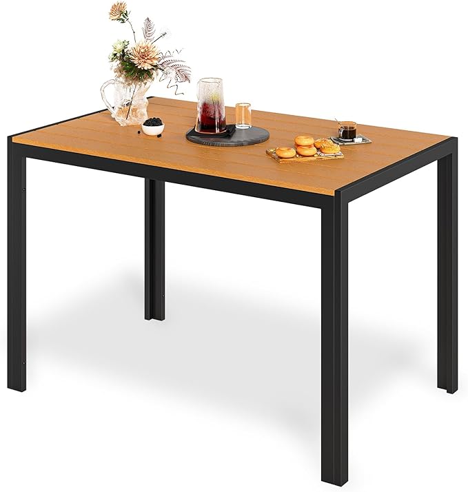 LIFERUN Outdoor Patio Table for 4-6 Person, 43×28in Rectangle Outdoor Dining Table with Wooden-Like Top and Aluminum Frame, Heat and Weather Resistant, Ideal for Garden, Patio, Poolside, Porch, Brown