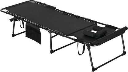 Outsunny Folding Chaise Lounge with 5-Level Reclining Back, Tanning Chair with Face Hole, Outdoor Lounge Chair with Side Pocket & Headrest for Beach, Yard, Patio, Black