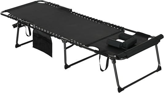 Outsunny Folding Chaise Lounge with 5-Level Reclining Back, Tanning Chair with Face Hole, Outdoor Lounge Chair with Side Pocket & Headrest for Beach, Yard, Patio, Black